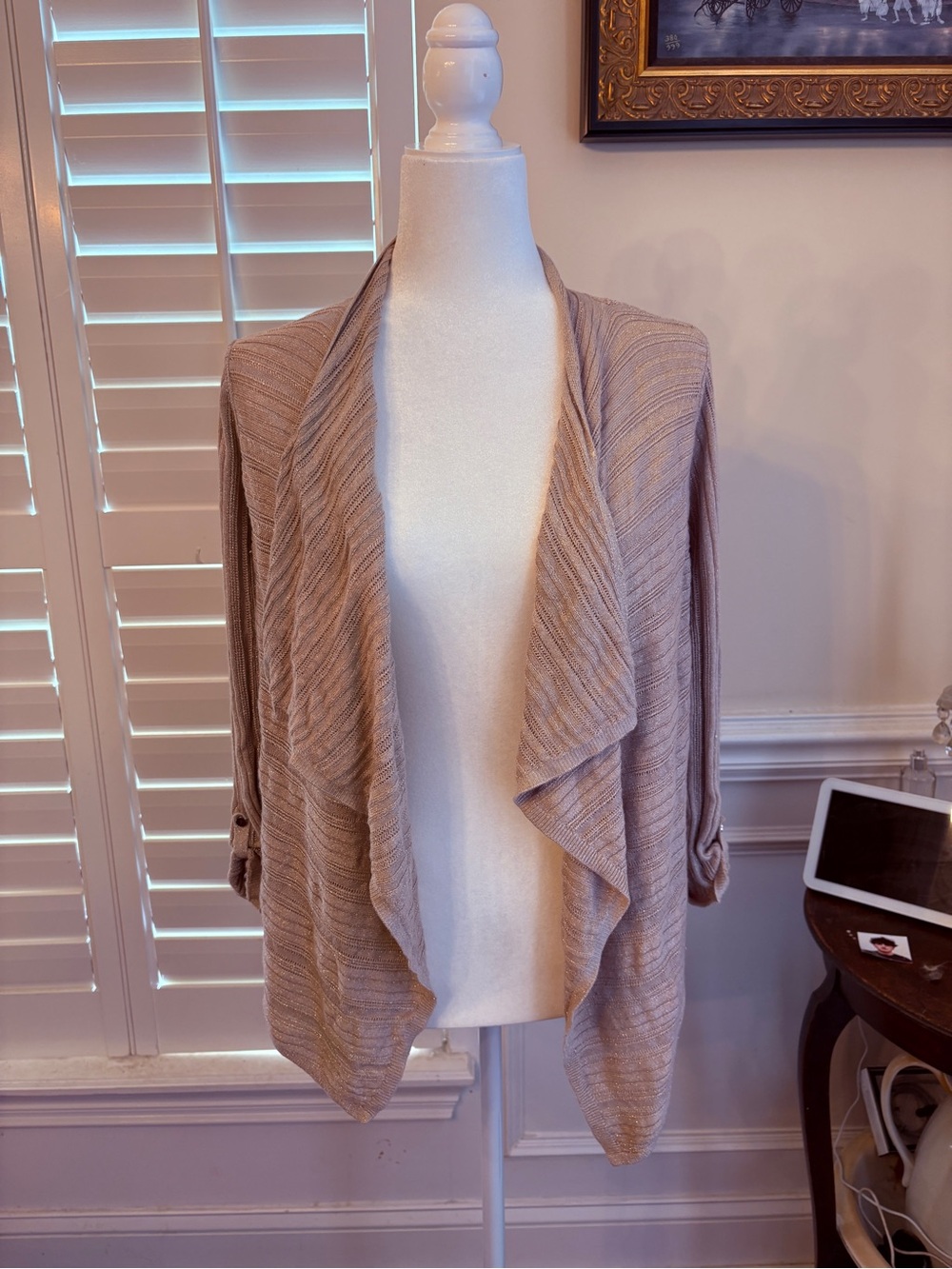 White House Black Market Taupe with gold thread Draped Open-Front Cardigan
